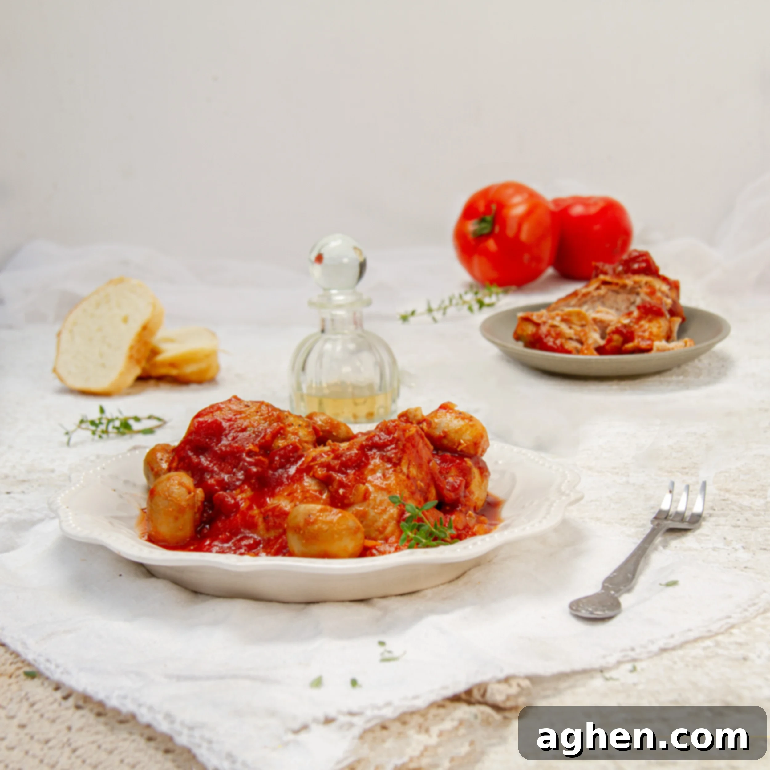 Napoleonic Chicken 2 Rich and saucy Weight Watchers Chicken Marengo on a plate, garnished with fresh herbs, alongside whole tomatoes and parmesan cheese on the side.