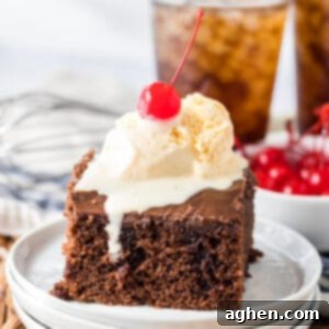 Decadent Double Chocolate Coca Cola Cake 11 Square slice of chocolate cake with chocolate frosting and scoop of vanilla ice cream and a cherry on top.