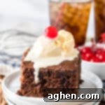 Decadent Double Chocolate Coca Cola Cake 12 Square slice of chocolate cake with chocolate frosting and scoop of vanilla ice cream and a cherry on top.