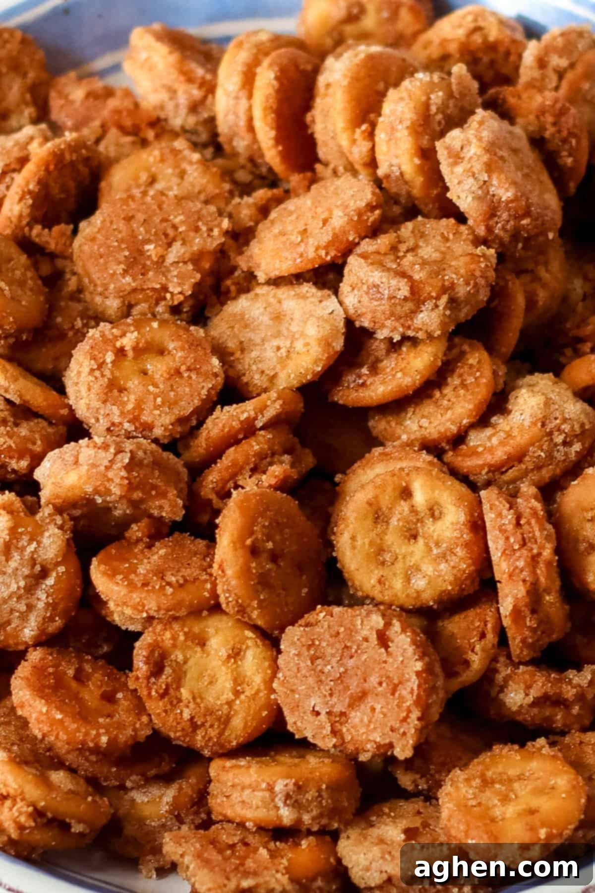 Cinnamon Ritz Churro Bites 3 Close up of cinnamon sugar Ritz bits.