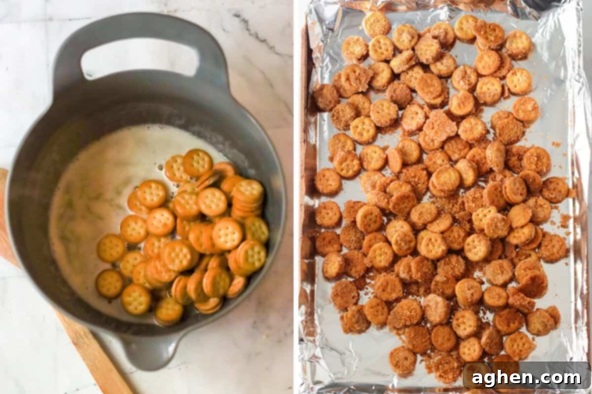 Cinnamon Ritz Churro Bites 5 Two image collage. On left: mixing bowl with melted butter, cinnamon, sugar, and Ritz crackers. On right: foil lined baking sheet topped with cinnamon sugar covered Ritz bits.