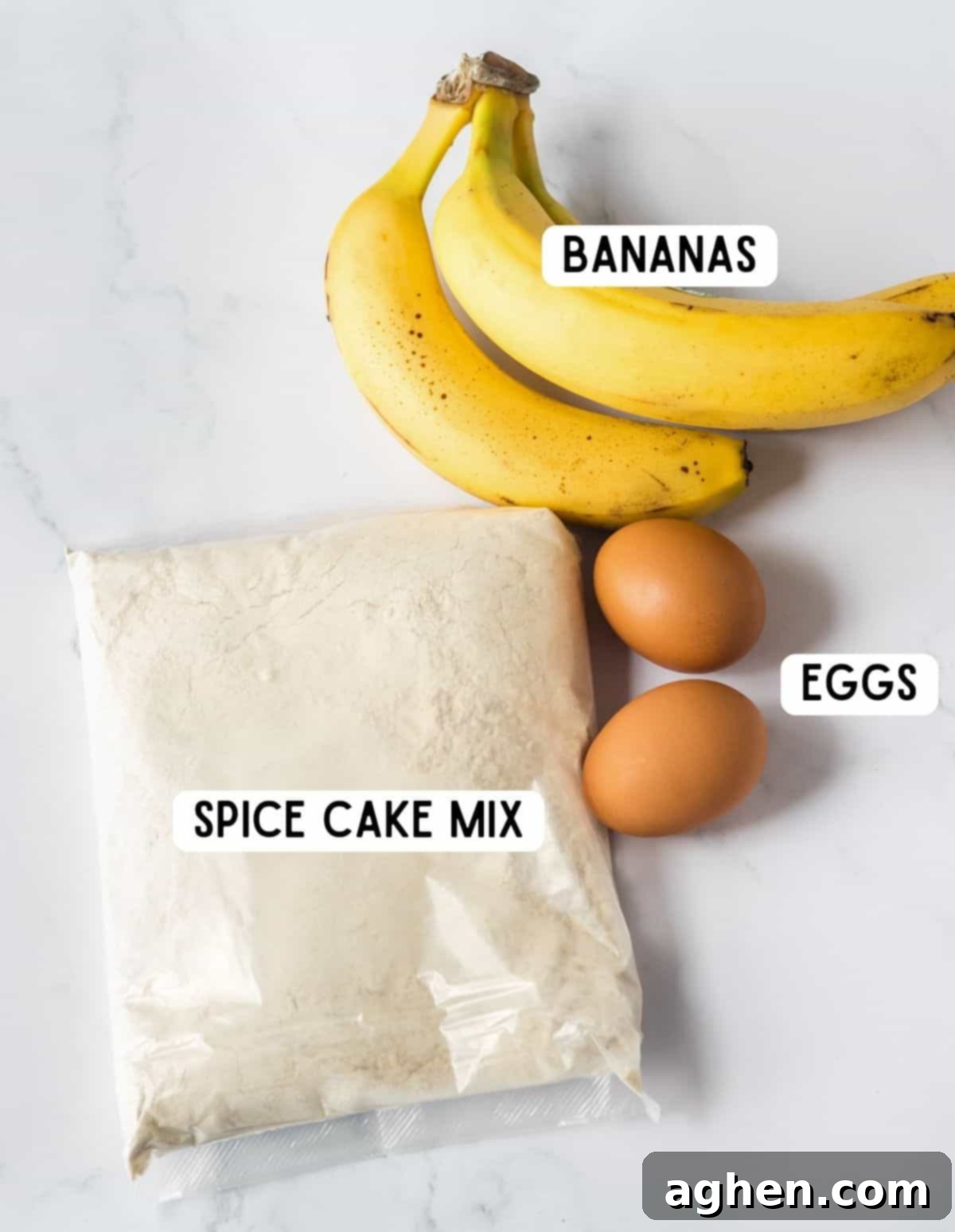 Banana bread ingredients: spice cake mix, 3 ripe bananas, and 2 eggs.