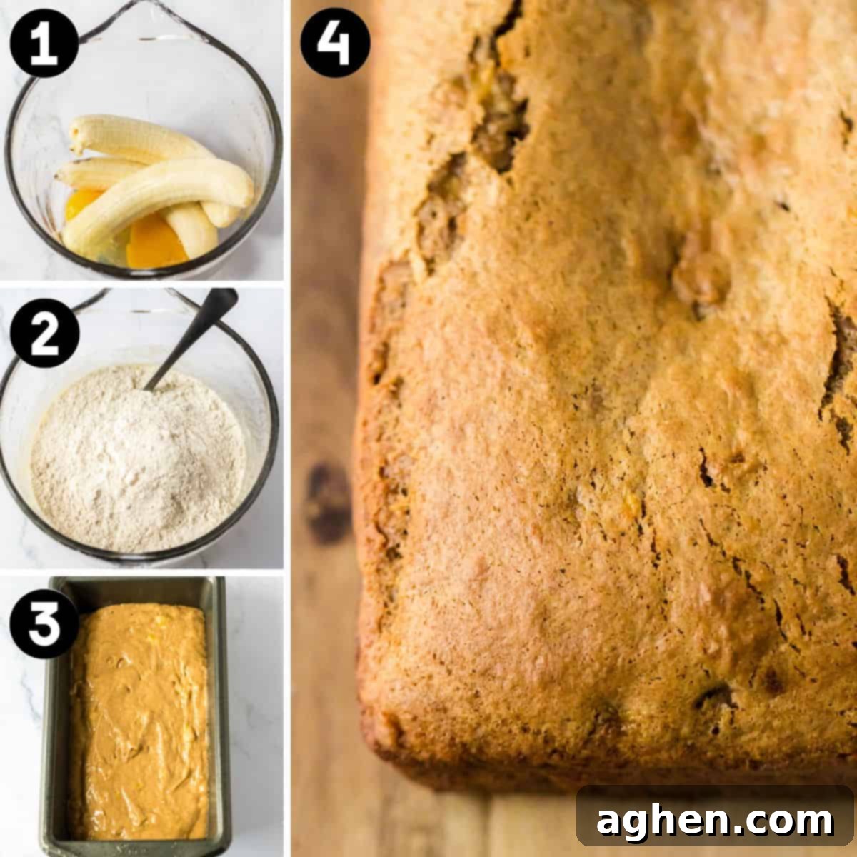 Four image collage. 1: bananas and eggs in glass bowl. 2: cake mix added to bowl. 3: batter in loaf pan. 4: baked banana bread.