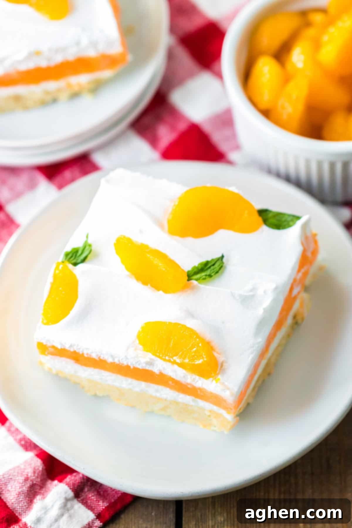 Velvet Orange Dream 3 Close-up shot of the top of the Orange Creamsicle Lush dessert, artfully topped with bright mandarin orange pieces and fresh mint leaves, showcasing its inviting presentation.