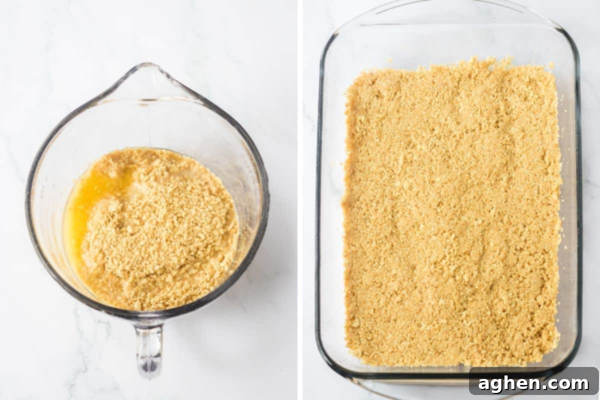 Velvet Orange Dream 5 A two-image collage showing the process of making the cookie crust: first, golden Oreo crumbs and melted butter in a mixing bowl; second, the mixture pressed evenly into a glass 9x13 dish, ready for chilling.