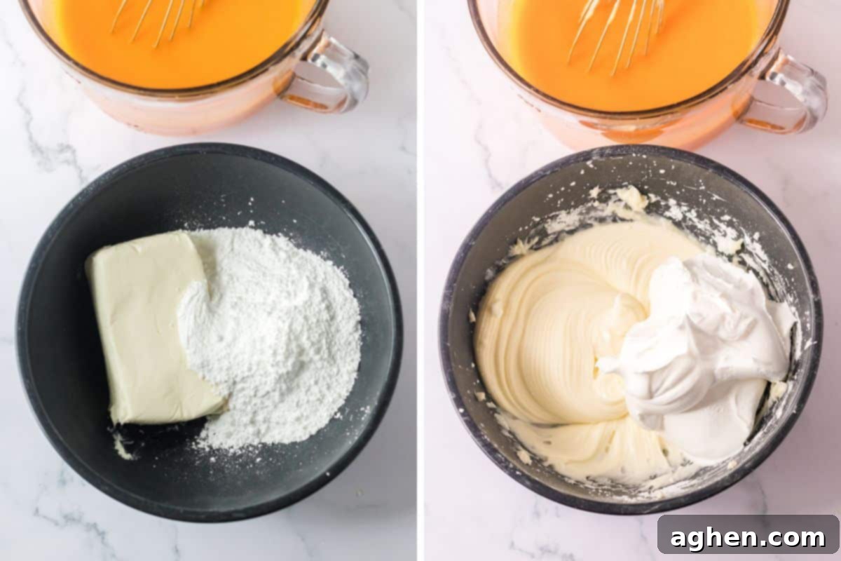 Velvet Orange Dream 7 A two-image collage illustrating the cream cheese layer preparation: the first image shows a large mixing bowl with cream cheese and powdered sugar being beaten; the second shows the same bowl after cool whip has been folded into the smooth and creamy mixture.