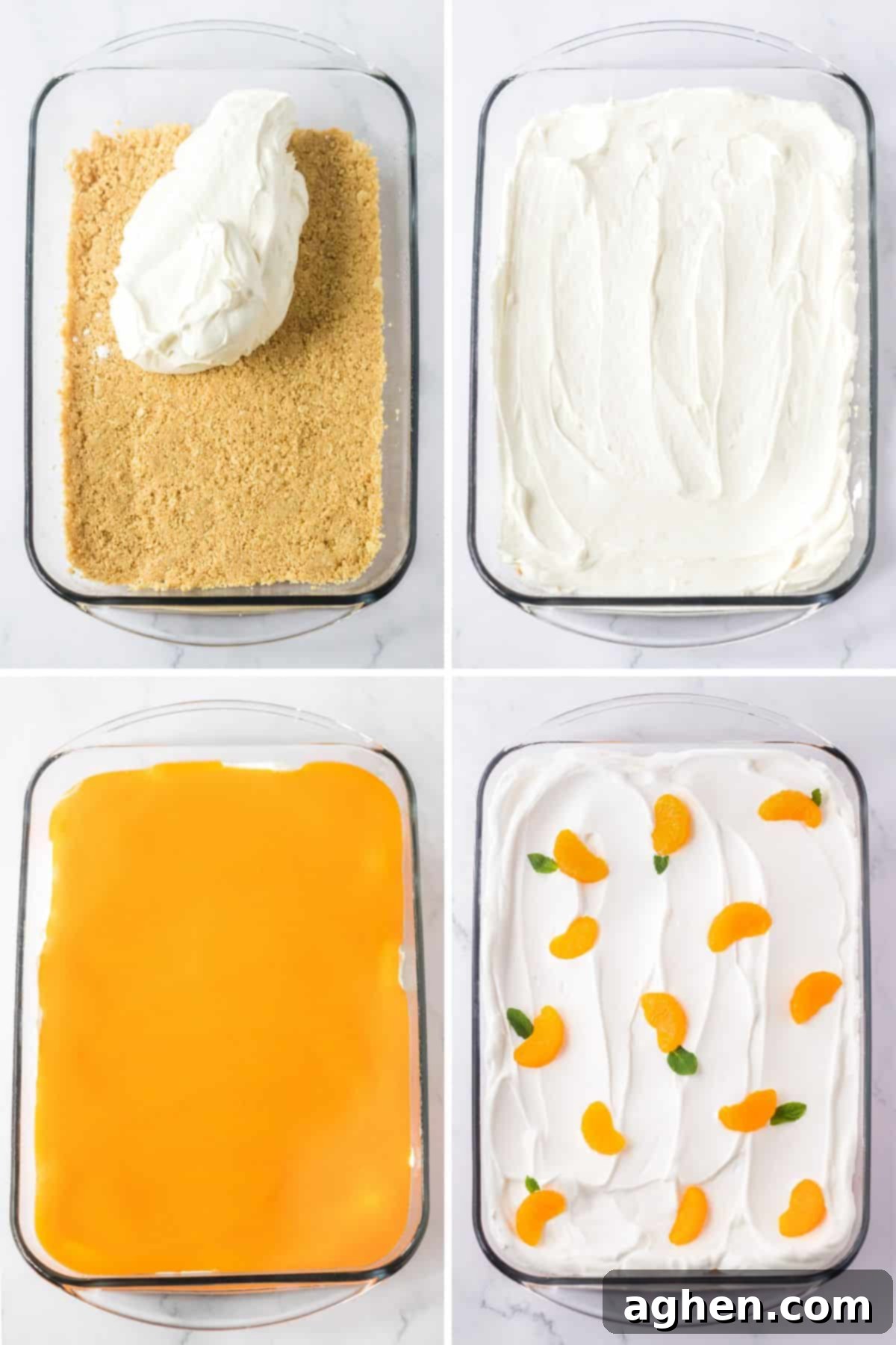 Velvet Orange Dream 8 A four-image collage showcasing the beautiful layers of the orange creamsicle dessert: a golden cookie crust, a creamy sweetened cream cheese layer, a vibrant orange jello layer, and a final topping of cool whip adorned with mandarin oranges and fresh mint leaves.