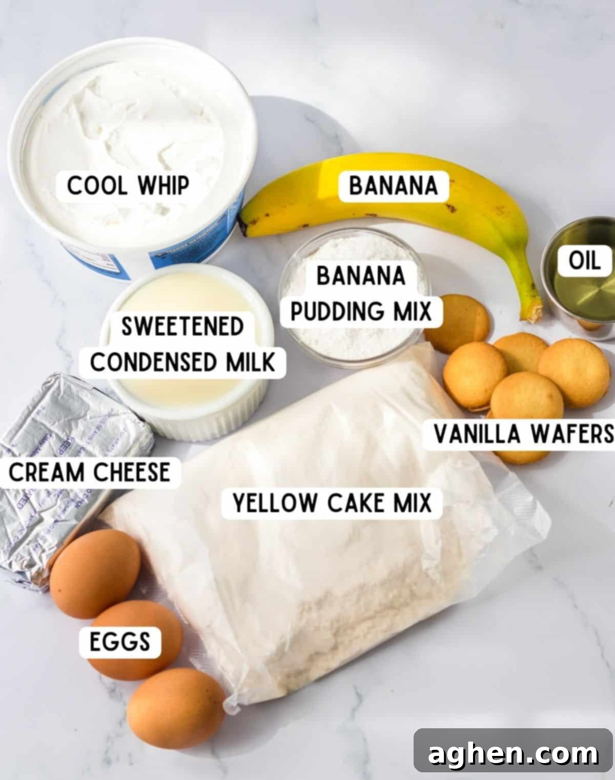 Banana Cream Dream Poke Cake 3 A vibrant flat lay image showcasing all the key ingredients for the Banana Pudding Poke Cake: a tub of Cool Whip, fresh ripe bananas, a box of instant banana pudding mix, three eggs, cooking oil, a package of vanilla wafers, yellow cake mix, a block of cream cheese, and a can of sweetened condensed milk.