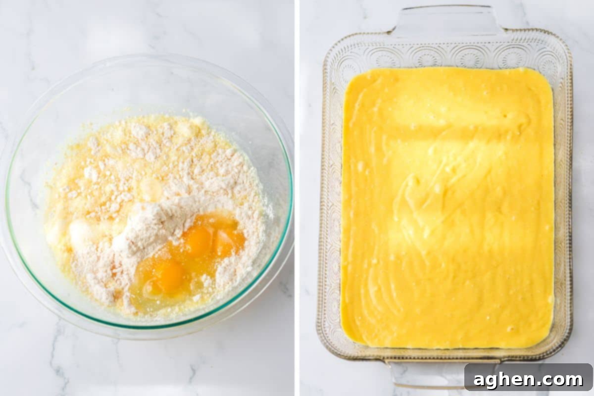 Banana Cream Dream Poke Cake 4 A two-image collage showing the preparation of the yellow cake mix: on the left, dry and wet cake mix ingredients are in a mixing bowl; on the right, the smoothly combined cake batter is poured into a 9x13 baking dish, ready for the oven.