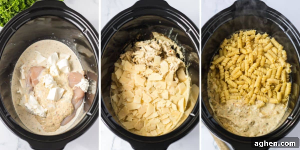 Creamy Crockpot Garlic Parmesan Chicken Pasta 5 Three image collage of bowl of slow cooker: with raw chicken, sauce and cream cheese; with the cooked, shredded chicken topped with parmesan cheese; and with the rotini added.