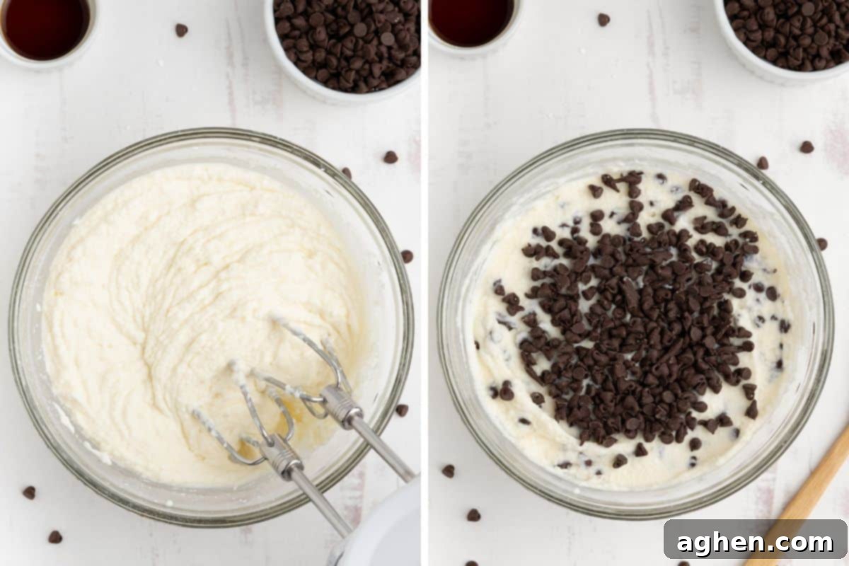 Two image collage. On left, ricotta and mascarpone cheese combined in a bowl with a hand mixer. On right, same but with mini chocolate chips added, showing the progression of the dip.