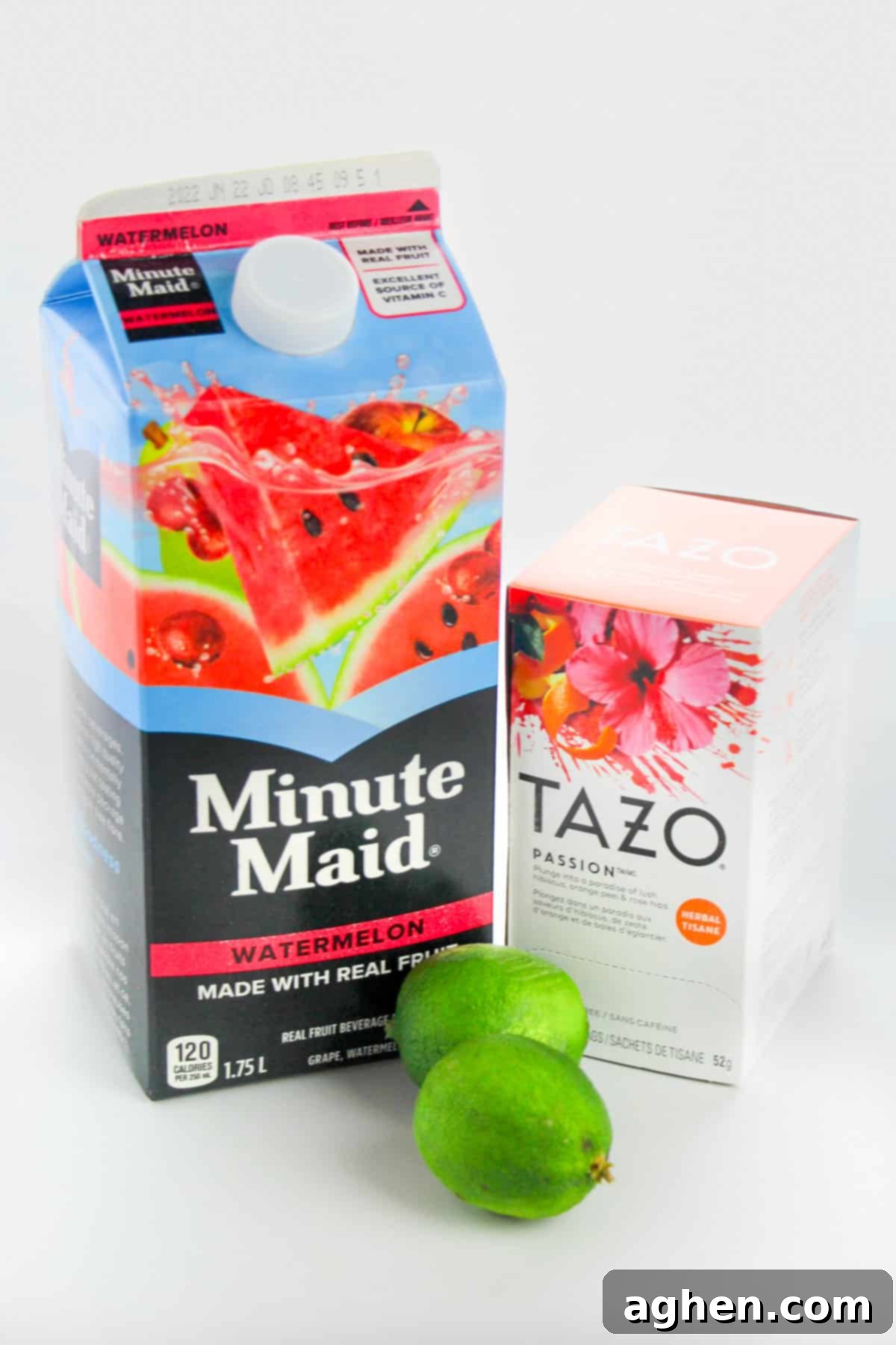 Minute Maid Watermelon Jucie, Tazo Passion herbal tea, and two limes.
