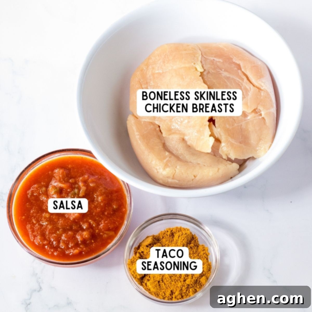 Boneless skinless chicken breasts, salsa, and taco seasoning.