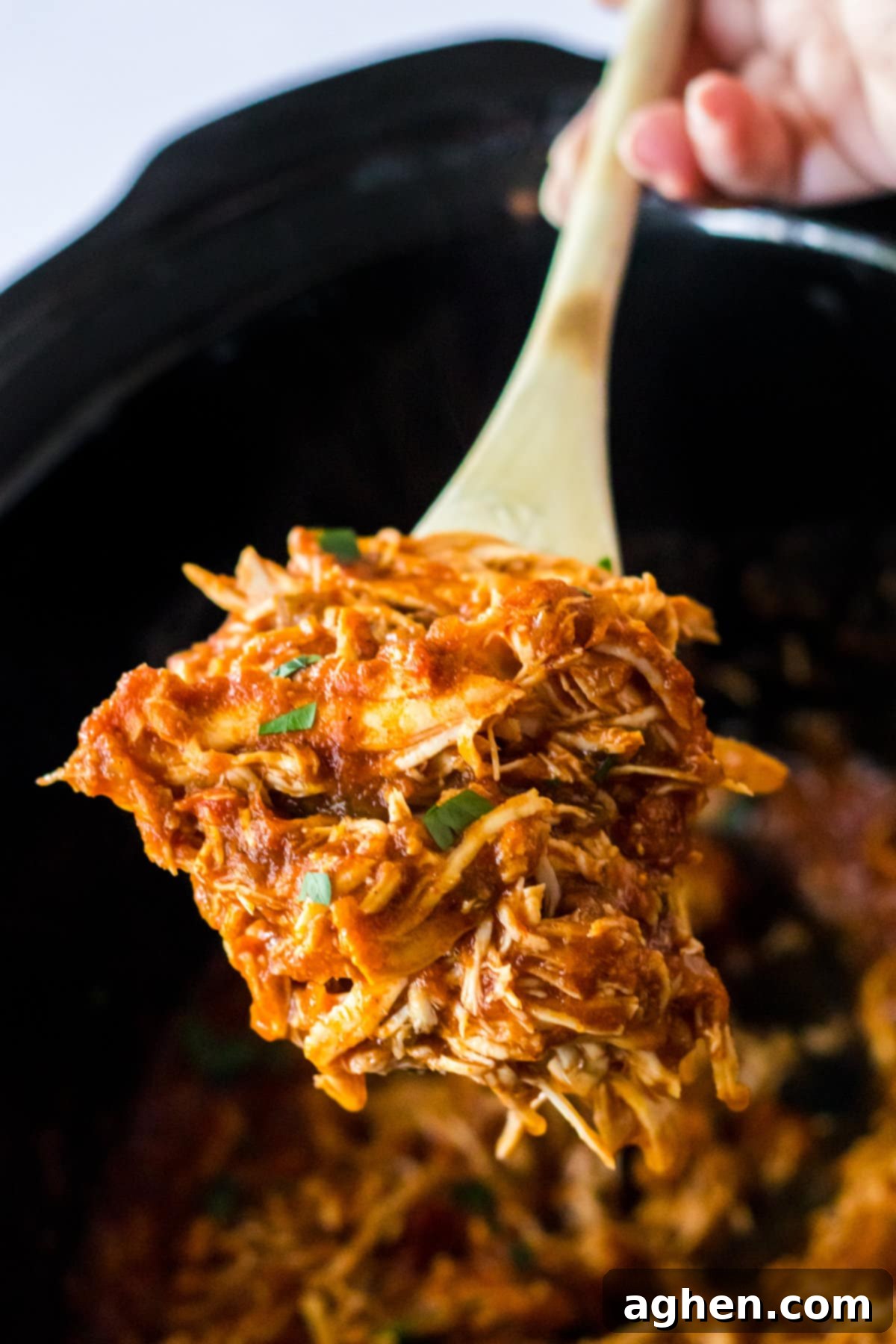 Wooden spoon scooping shredded salsa chicken from slow cooker.