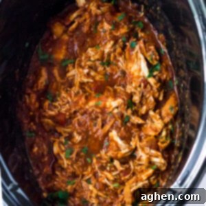 Slow cooker salsa chicken shredded in the bowl of a crockpot.