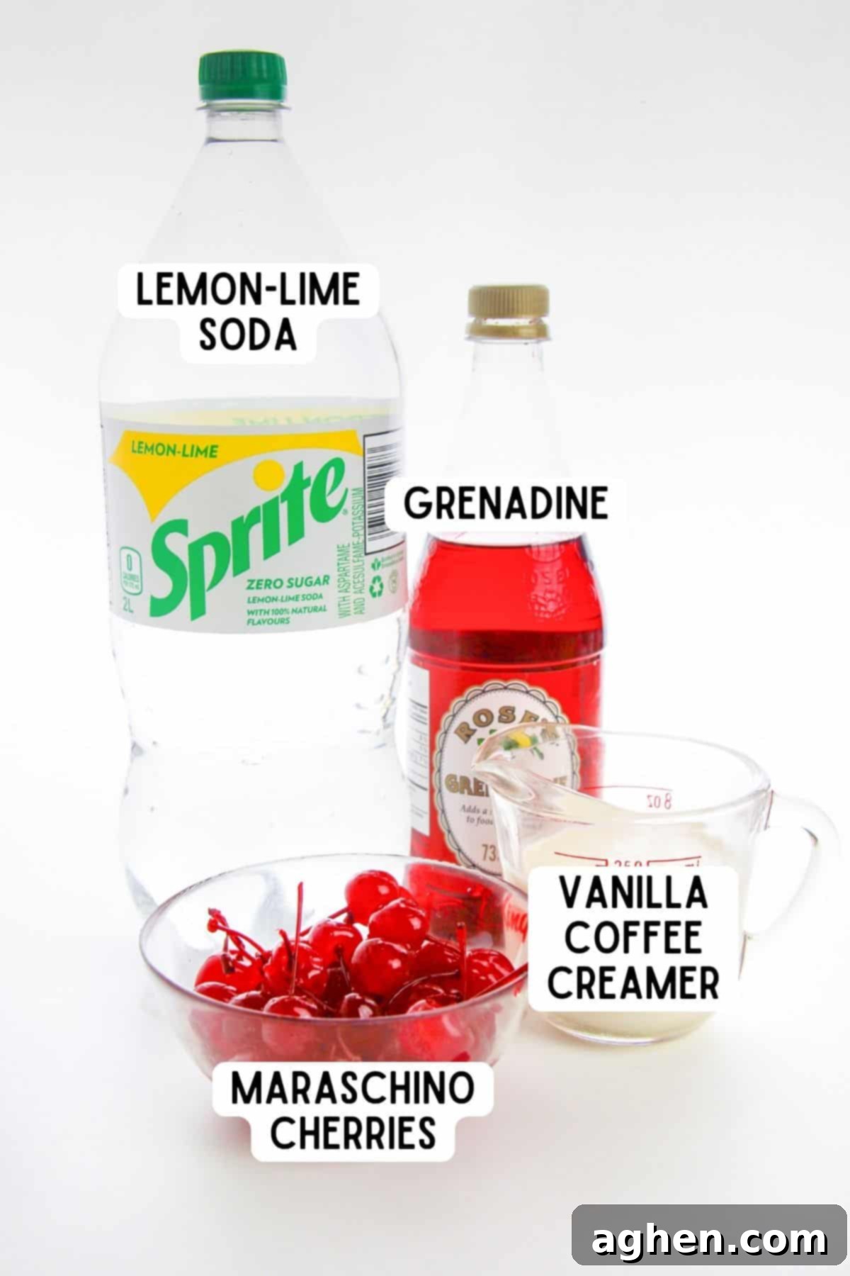 Sprite, grenadine, vanilla coffee creamer, and maraschino cherries.