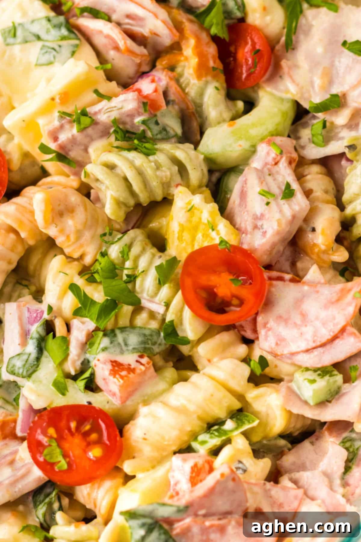 Italian hoagie pasta salad with cold cuts, veggies, and rotini pasta.