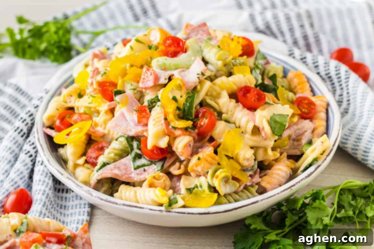 Italian sub pasta salad with ham, salami, and provolone.
