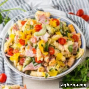 Italian sub pasta salad in a bowl.