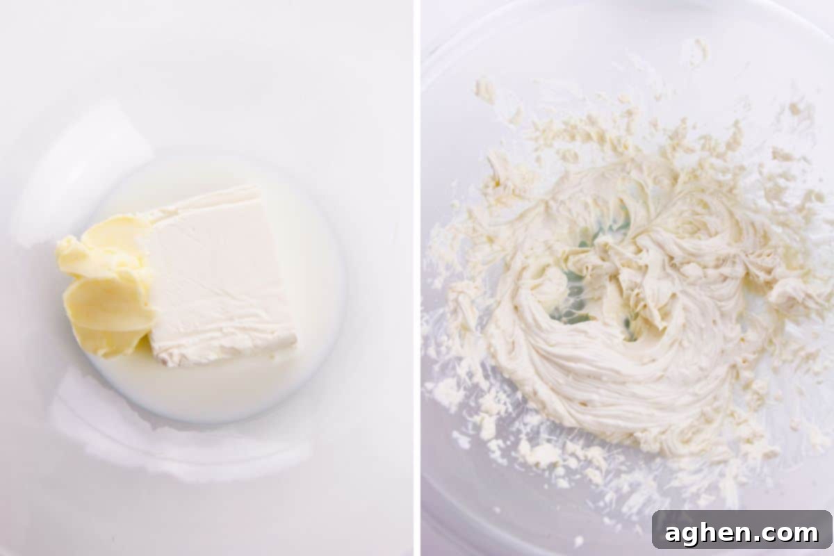 A two-image collage showing butter and cream cheese in a bowl before and after being mixed together into a smooth, creamy base.