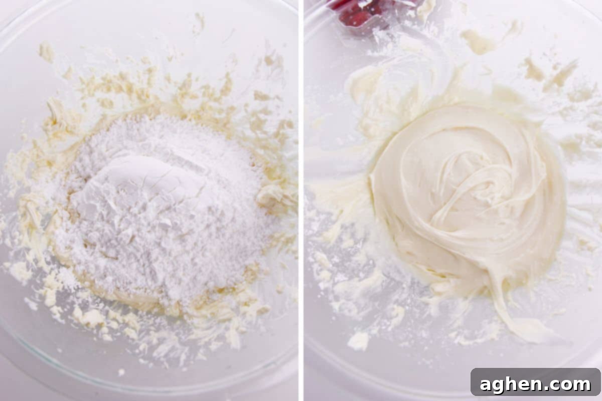 A two-image collage showing confectioners sugar being added to the cream cheese mixture, followed by the perfectly mixed, smooth, and sweetened dip.