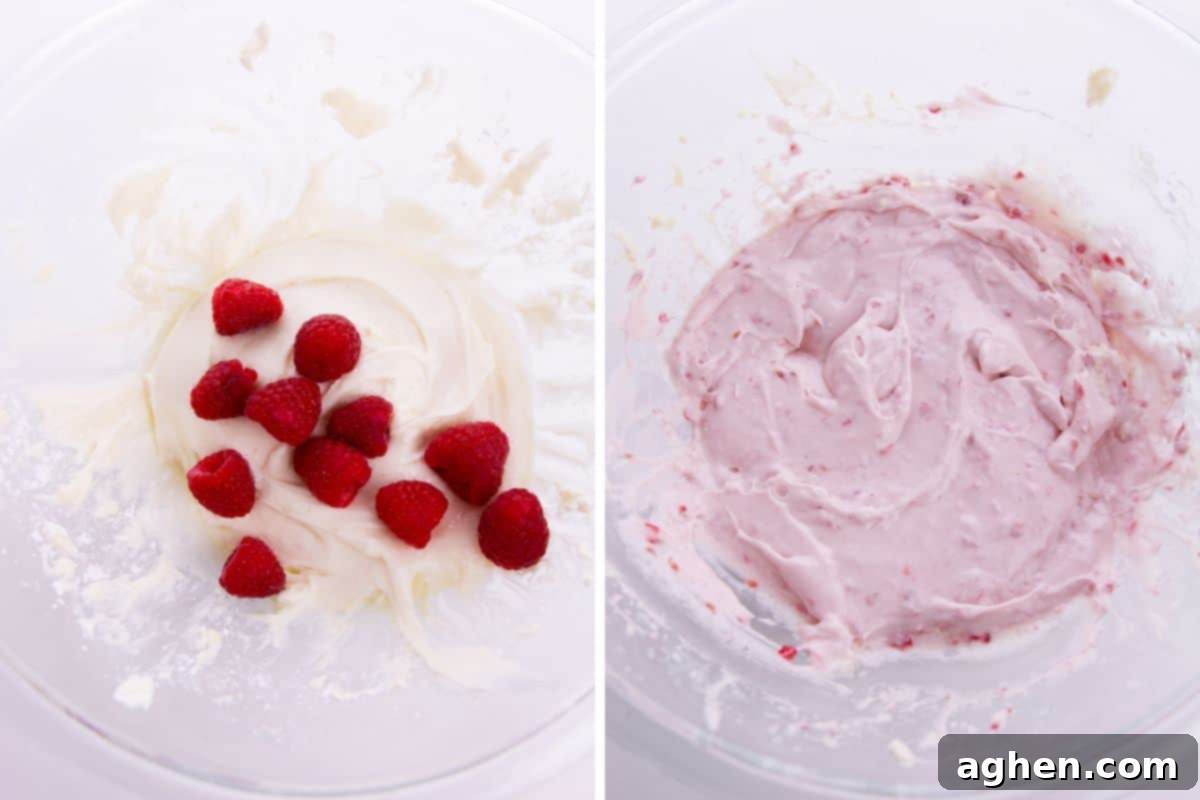 A two-image collage illustrating fresh raspberries being added to the dip mixture and then thoroughly mixed in, creating a beautiful pink color.