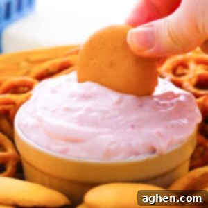 A bowl of creamy raspberry cream cheese dip, with a vanilla cookie being dipped into it.