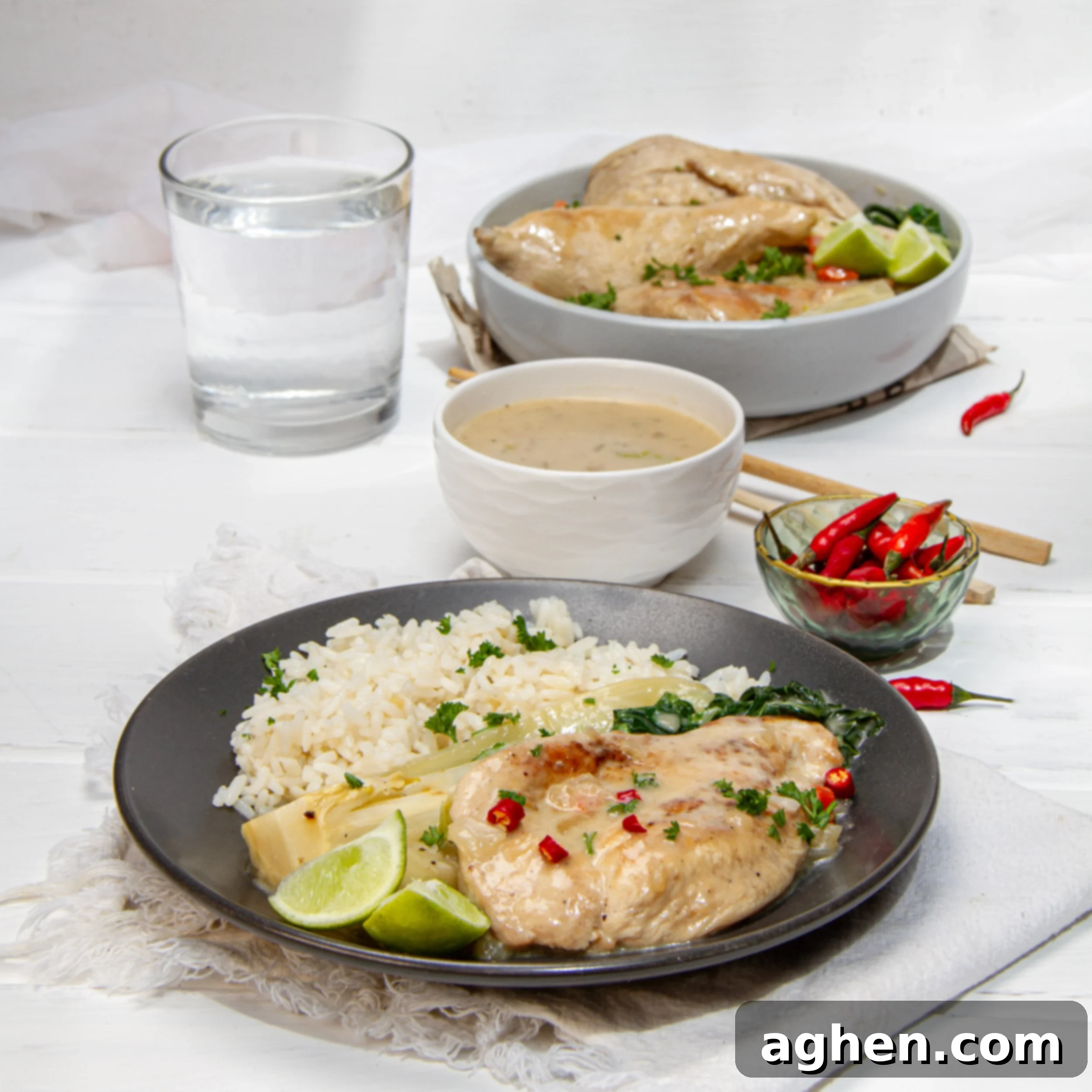 Tropical Coconut Lime Chicken 2 Zesty Thai-inspired Coconut Lime Chicken on a plate with rice, bok choy, and extra sauce on the side.