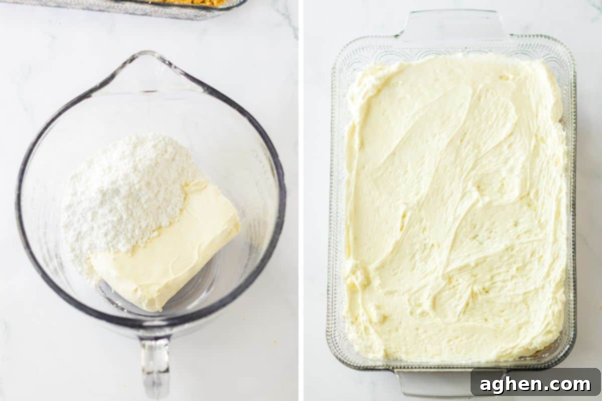 Ultimate No-Bake Banana Split 6 Cream cheese and powdered sugar in a mixing bowl and the sweetened cream cheese mixture added to the baking dish in an even layer.