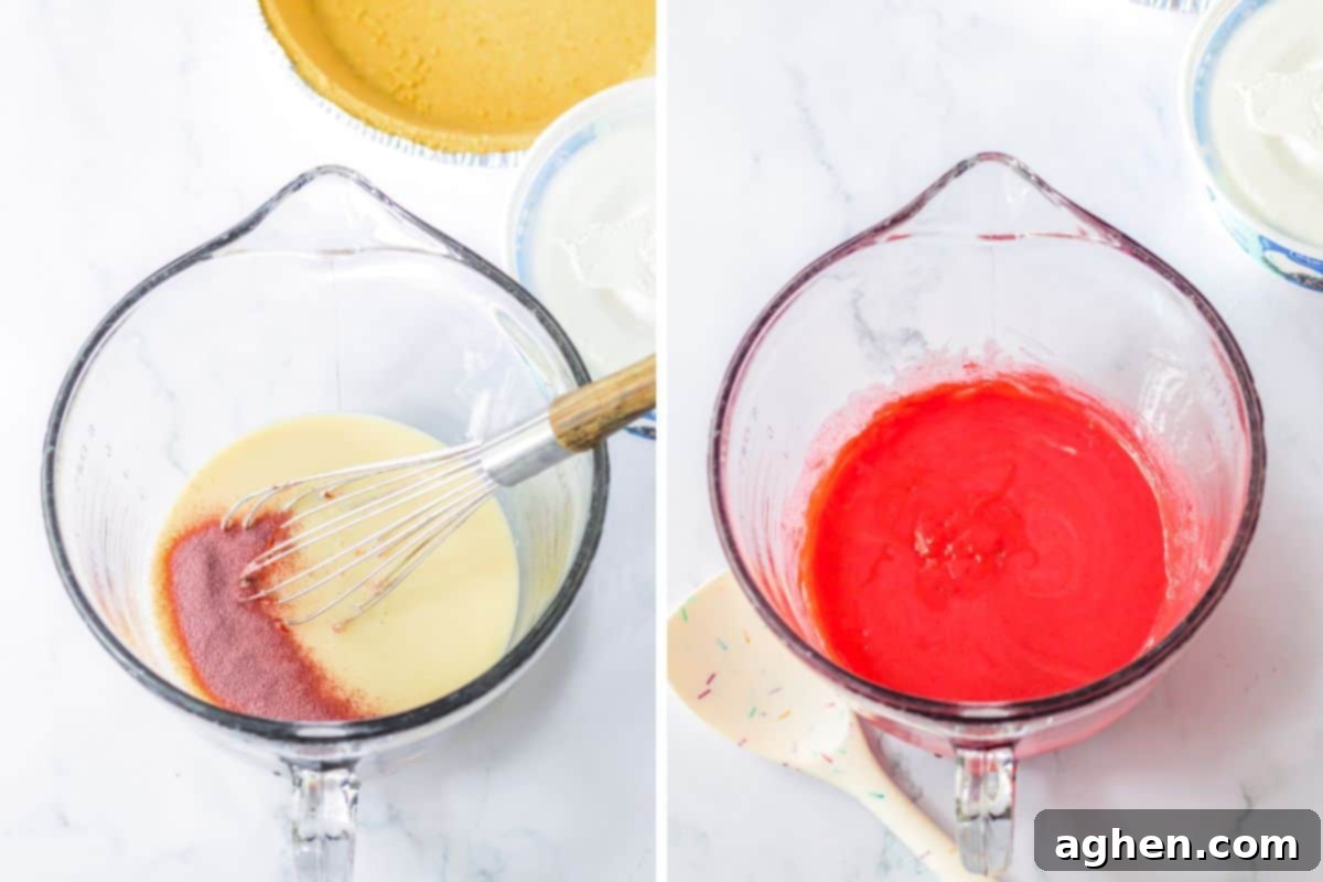 No-Bake Kool-Aid Dream Pie 5 Two image collage of mixing bowl with sweetened condensed milk and kool aid mix.