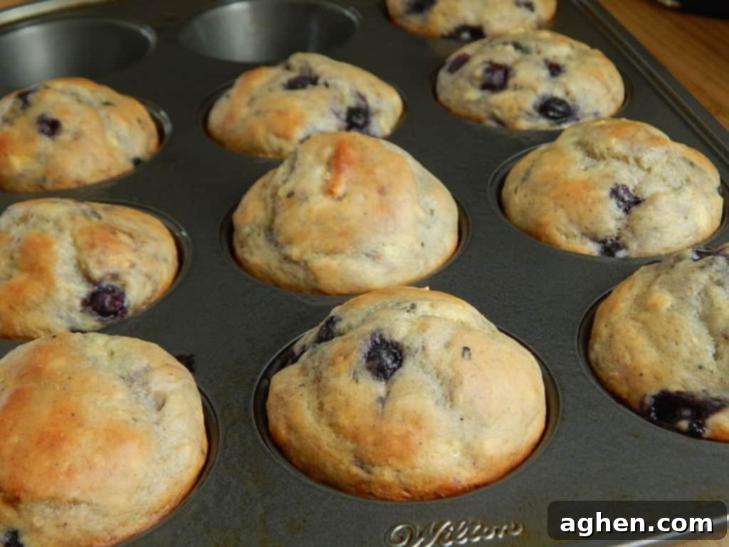 A close-up shot of a blueberry lemon yogurt muffin, perfectly golden brown