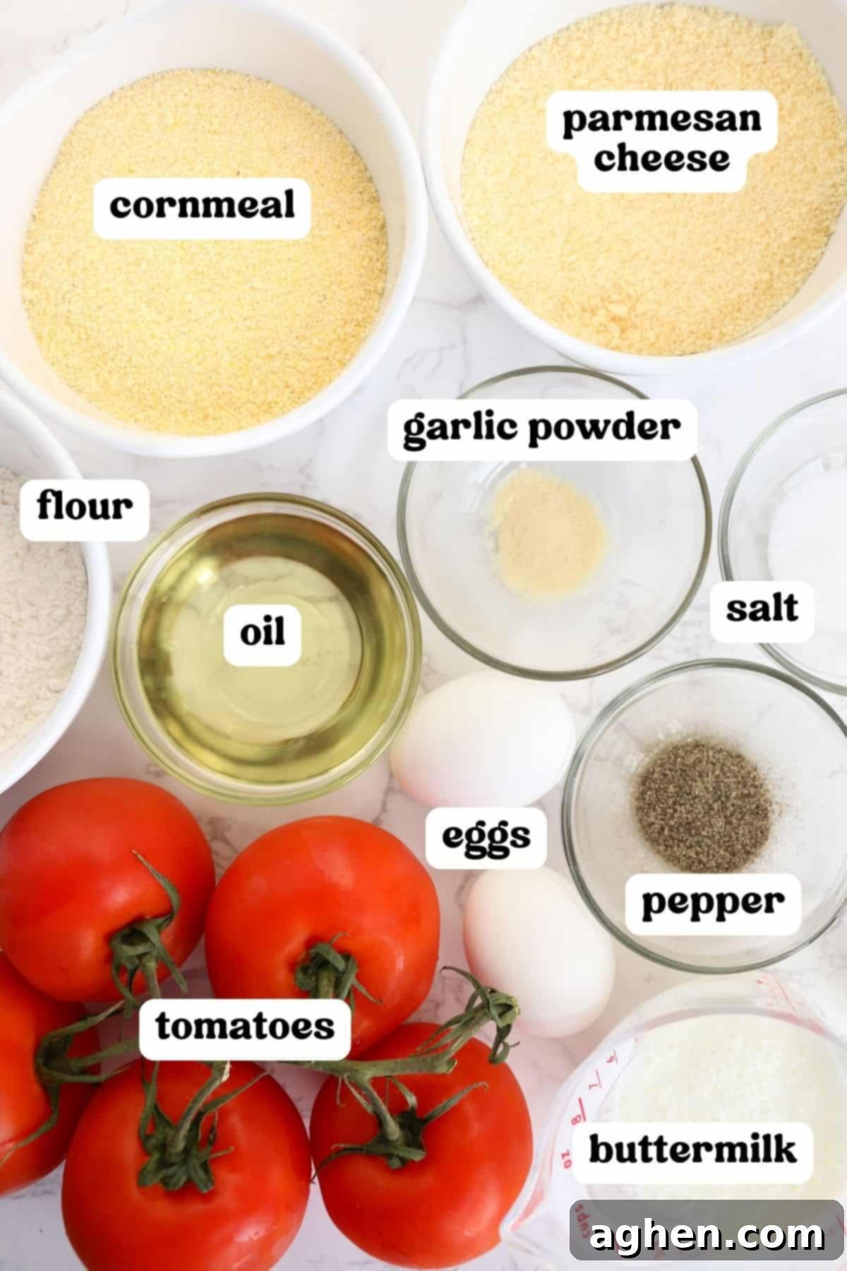 A flat lay photograph showcasing all the ingredients for fried red tomatoes: cornmeal, all-purpose flour, garlic powder, salt, pepper, a bottle of vegetable oil, two fresh eggs, a bowl of buttermilk, five whole ripe red tomatoes, and grated Parmesan cheese.