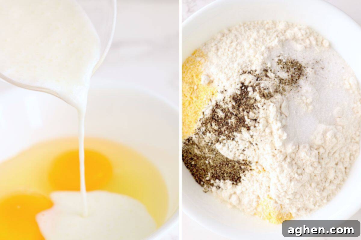 A two-image collage. The first image shows buttermilk being poured into a bowl with two eggs, ready to be whisked. The second image displays a bowl containing the dry ingredients: flour, cornmeal, Parmesan cheese, and seasonings, all mixed together.