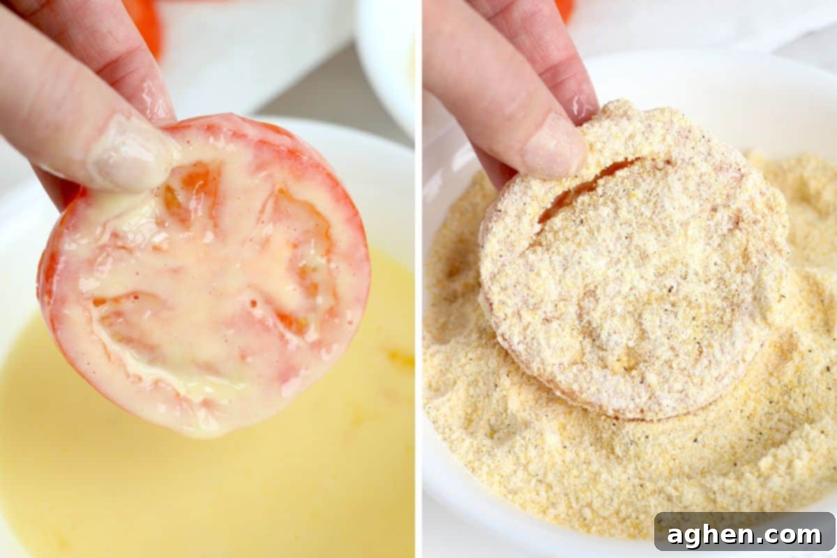 A two-image collage illustrating the dredging process. The first image shows a tomato slice being dipped into the buttermilk mixture. The second image shows the same tomato slice being coated thoroughly in the cornmeal and flour mixture.