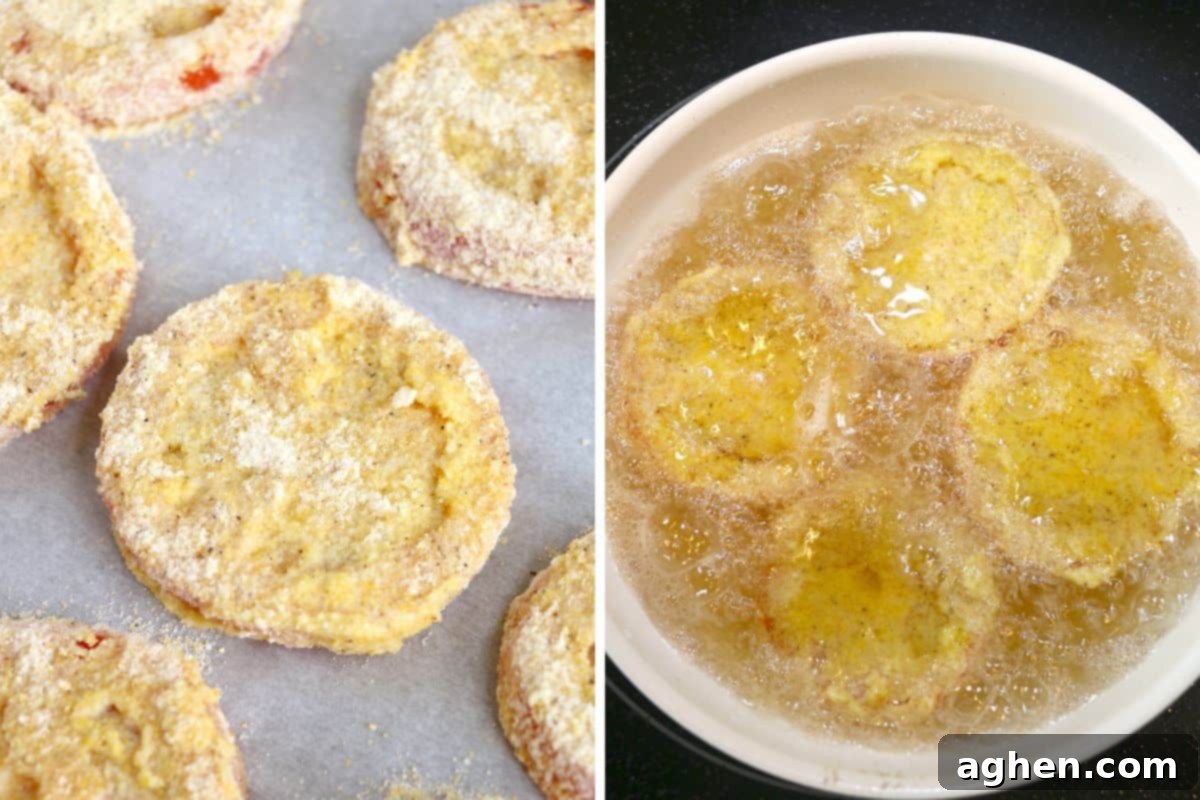 A two-image collage. The first image shows battered red tomato slices resting on parchment paper before frying. The second image captures four tomato slices actively frying in hot oil in a skillet, turning golden brown.
