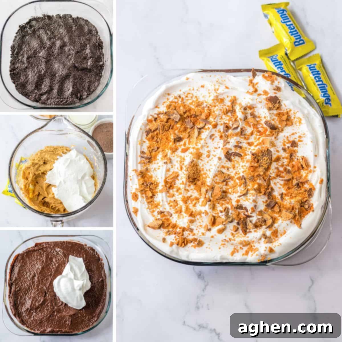 Butterfinger Crunch Layer Dream 4 A four-image collage showing the preparation steps for Butterfinger lush: preparing the Oreo cookie crust, spreading the creamy peanut butter cream cheese layer, adding the smooth chocolate pudding layer, and the final layered dessert in a square baking dish topped with Cool Whip and crushed Butterfingers.