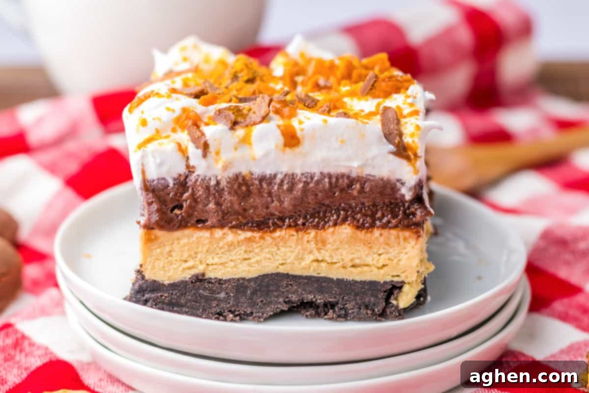 Butterfinger Crunch Layer Dream 7 A top-down view of Butterfinger lush, featuring an Oreo cookie crust, layers of no-bake peanut butter cheesecake, chocolate pudding, and Cool Whip, all crowned with delightful crushed Butterfingers.