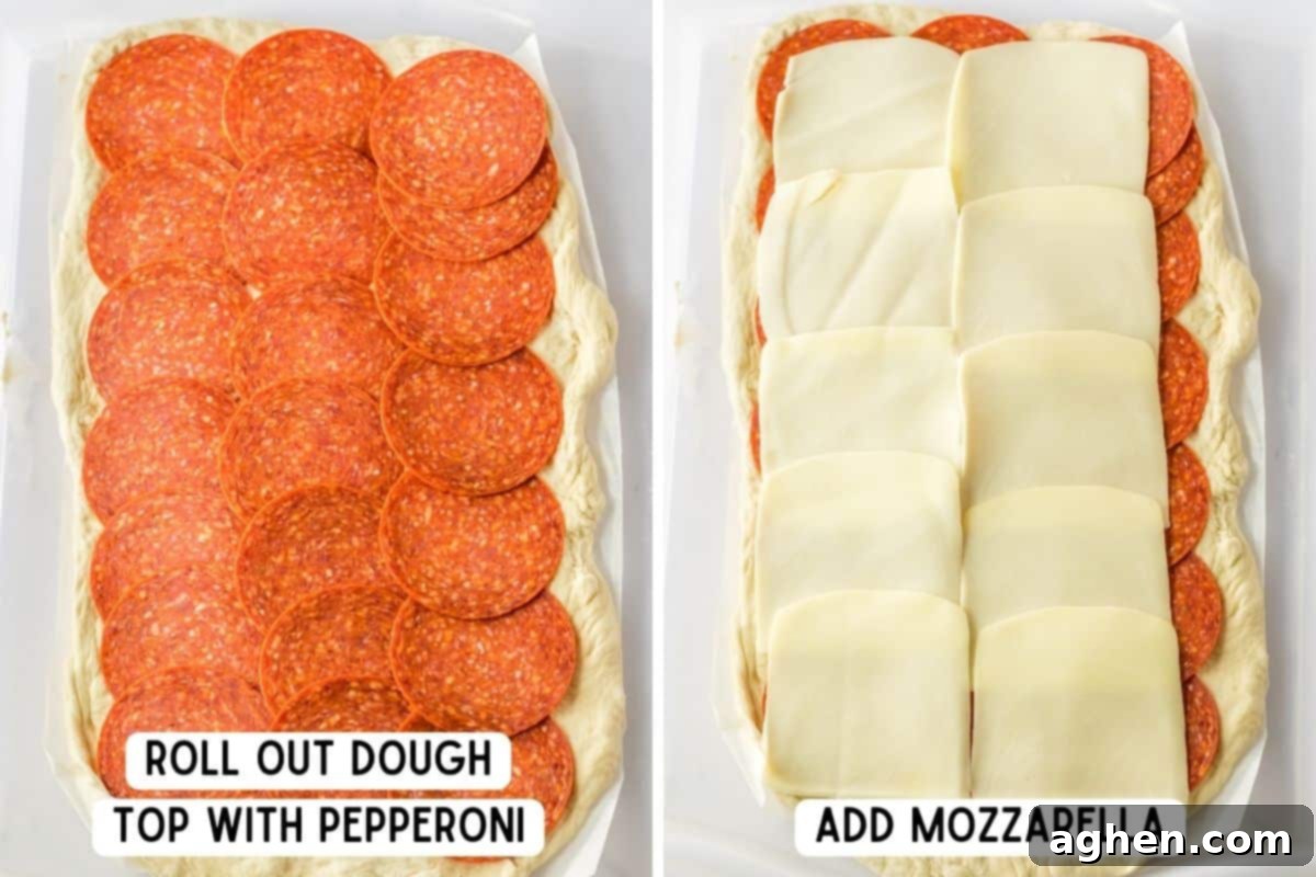 Two image collage of dough rolled into a large rectangle and topped with a layer of pepperoni and a layer of mozzarella cheese.