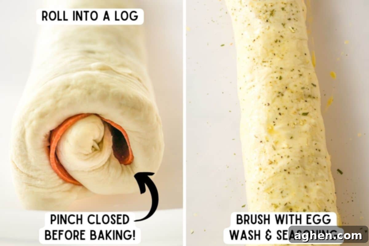 Two image collage of dough rolled up into a log and then brushed with egg wash and seasonings.
