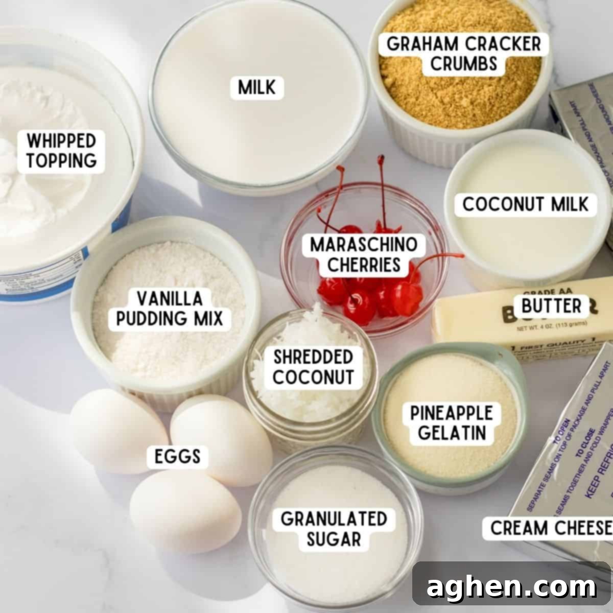 Pina Colada Dream 3 Ingredients for Pina Colada Dessert Lush on countertop ready to be prepared.