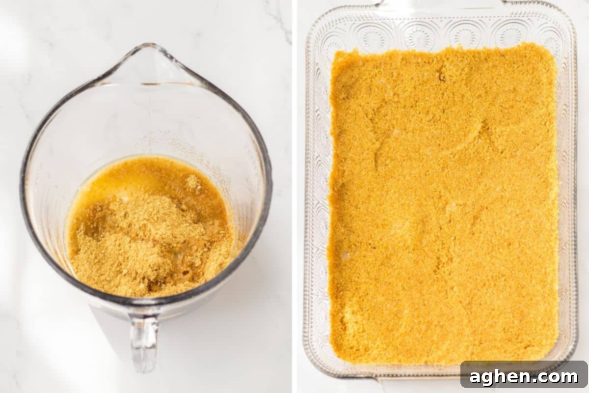 Pina Colada Dream 4 Two image collage of graham cracker crumbs and melted butter being mixed in a bowl and then pressed into bottom of 9 x 13 baking dish.