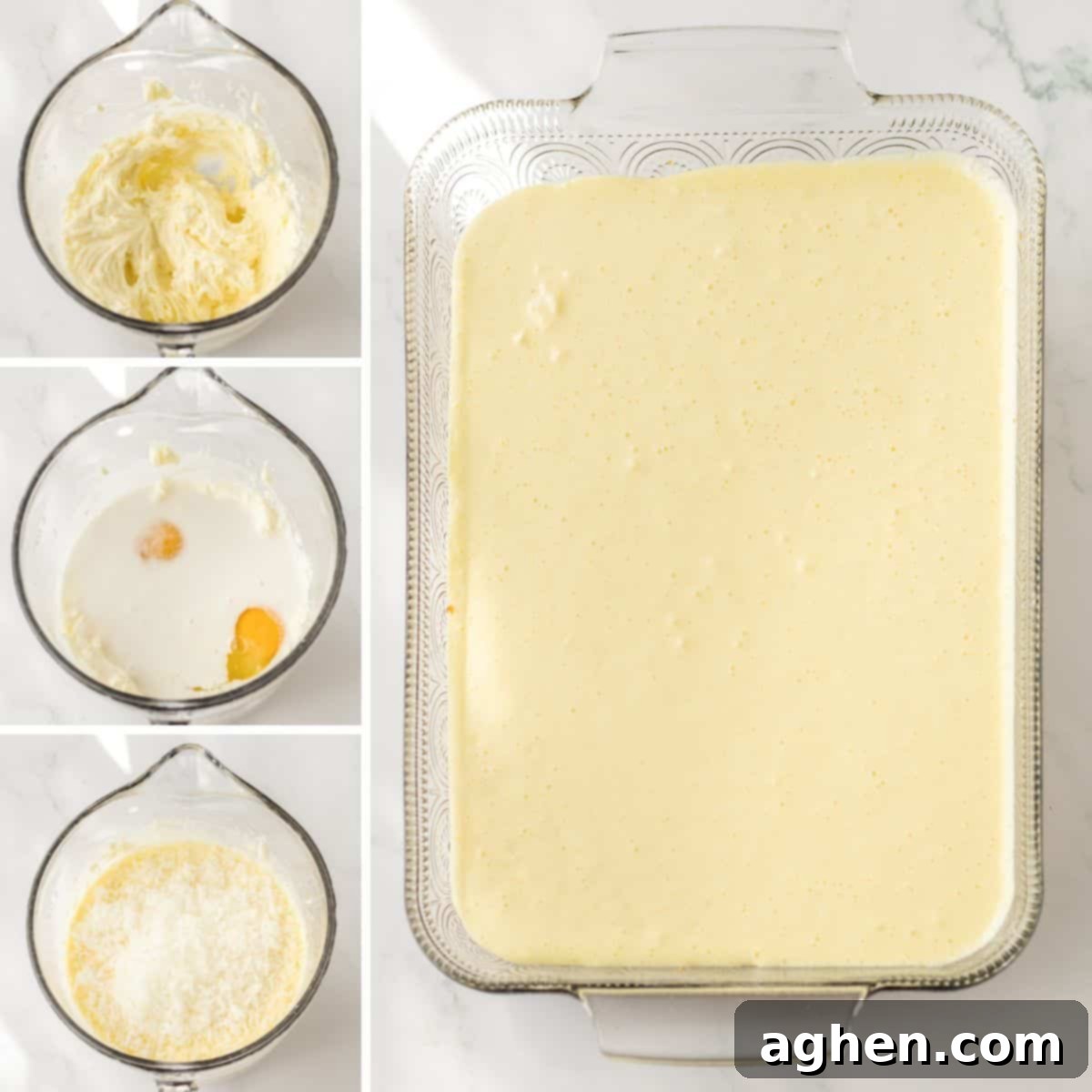 Pina Colada Dream 5 Steps to make cheesecake layer: ingredients combined in mixing bowl then poured into casserole dish.