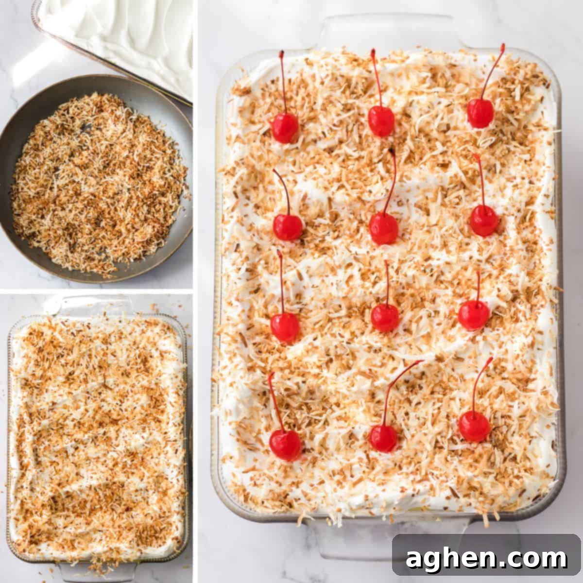 Pina Colada Dream 7 Shredded coconut toasted in a frying pan, sprinkled on top of cool whip topped lush, then topped with 12 maraschino cherries.