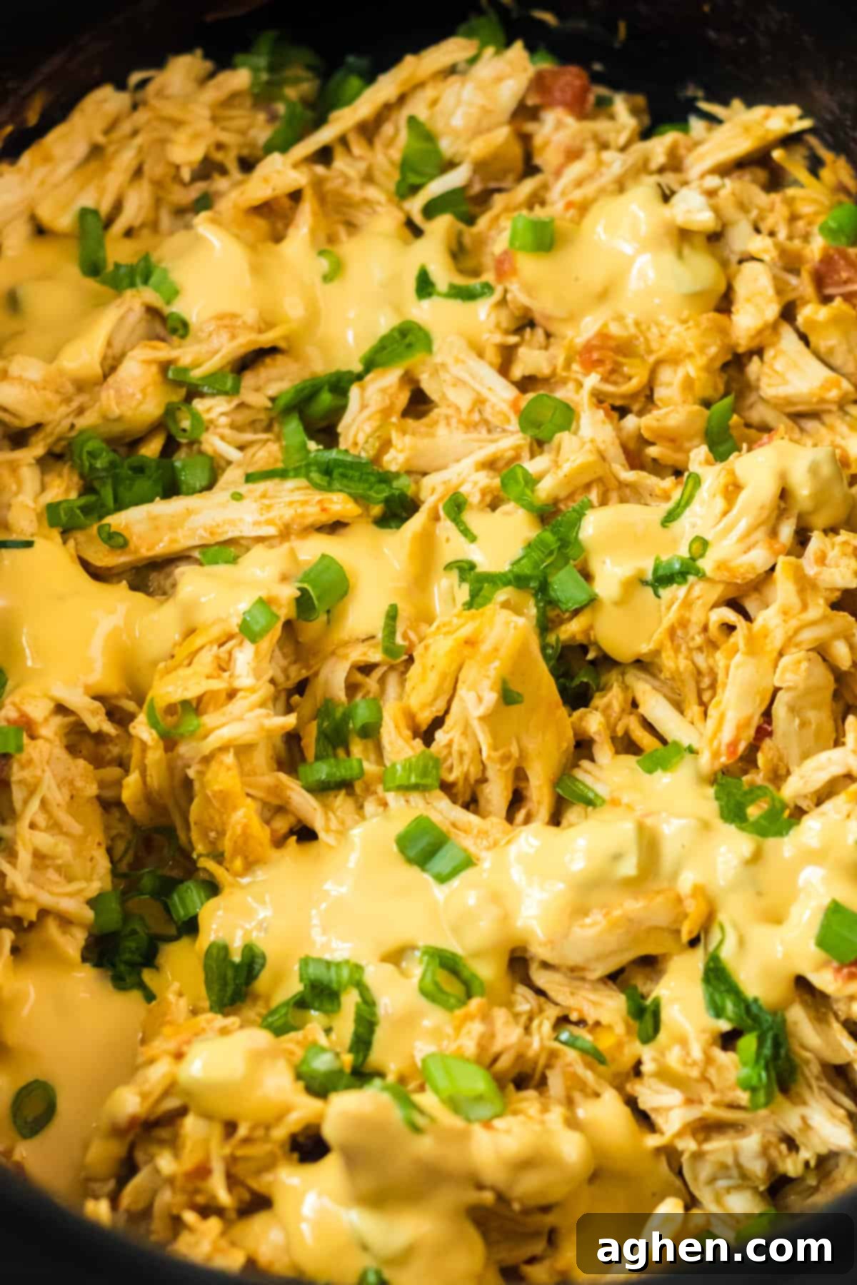 Creamy, cheesy shredded chicken simmering in the crockpot, topped with a generous layer of melted queso and freshly chopped green onions.