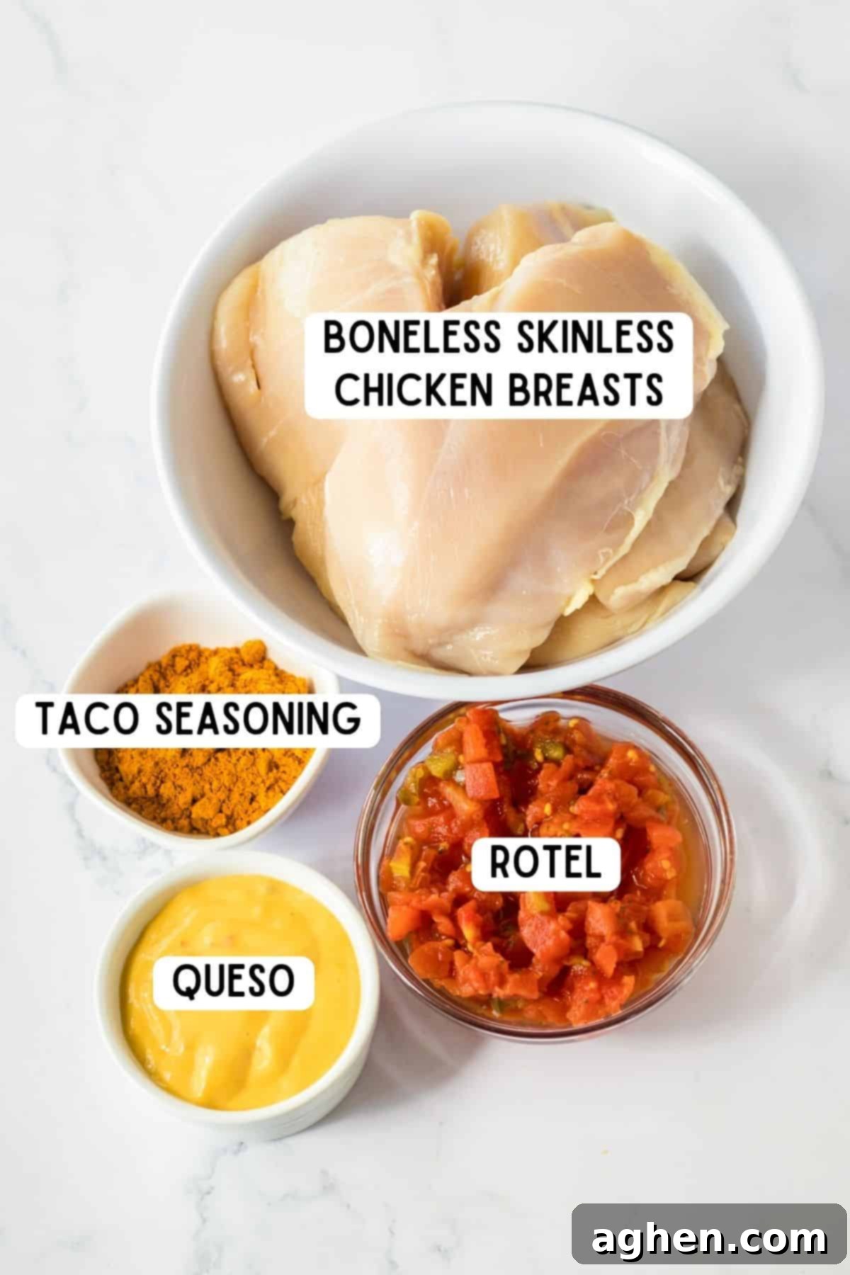 The four essential ingredients for queso chicken: boneless skinless chicken breasts, a packet of taco seasoning, a can of Rotel, and a jar of creamy queso dip.