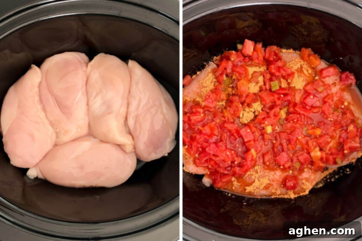 A two-image collage showing the preparation steps: chicken breasts placed in the slow cooker, followed by taco seasoning and undrained Rotel poured over them.