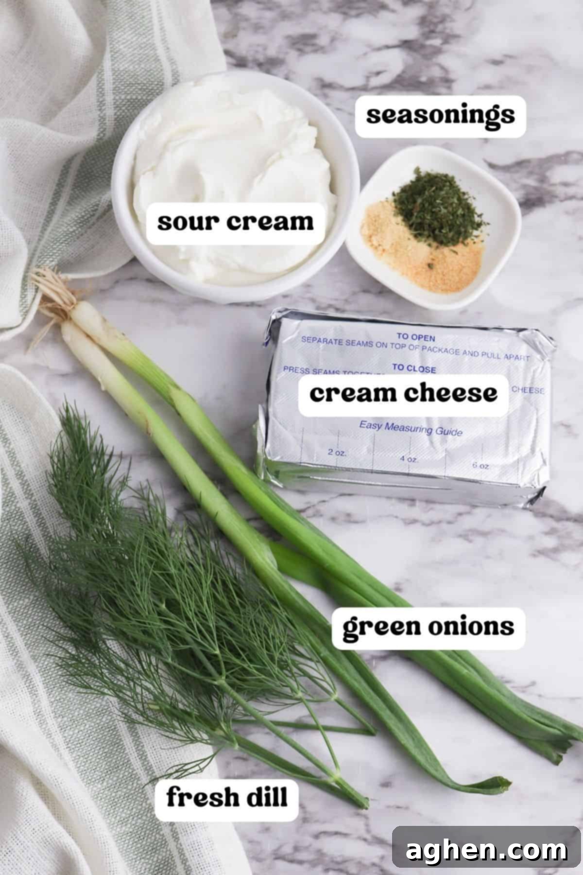 Cream cheese, sour cream, green onions, fresh dill weed, dried parsley, onion powder, garlic powder and salt.