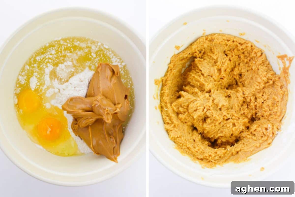 Two image collage of cookie ingredients in mixing bowl before and after mixing to combine. 