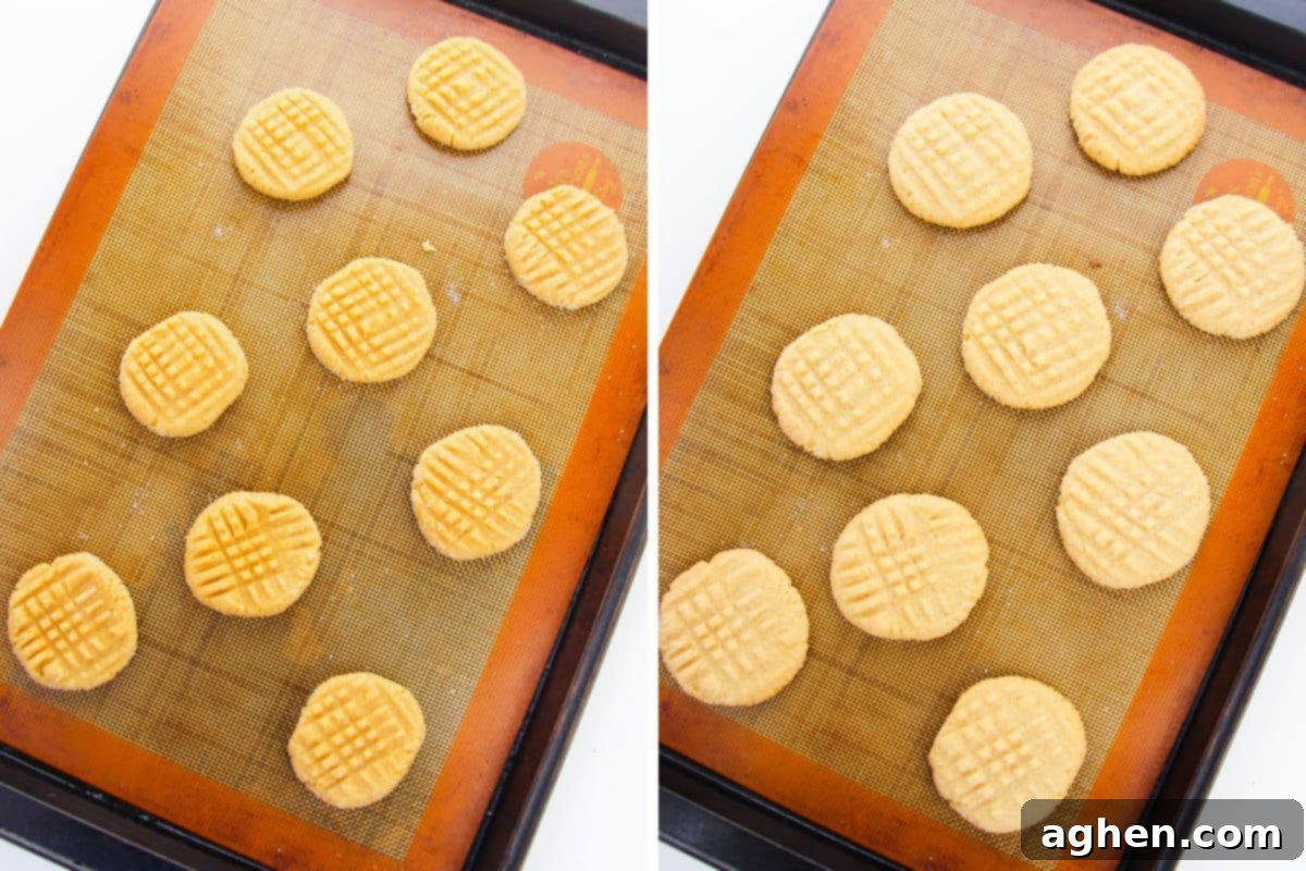 Two image collage of peanut butter cookies on lined baking sheet before and after baking.