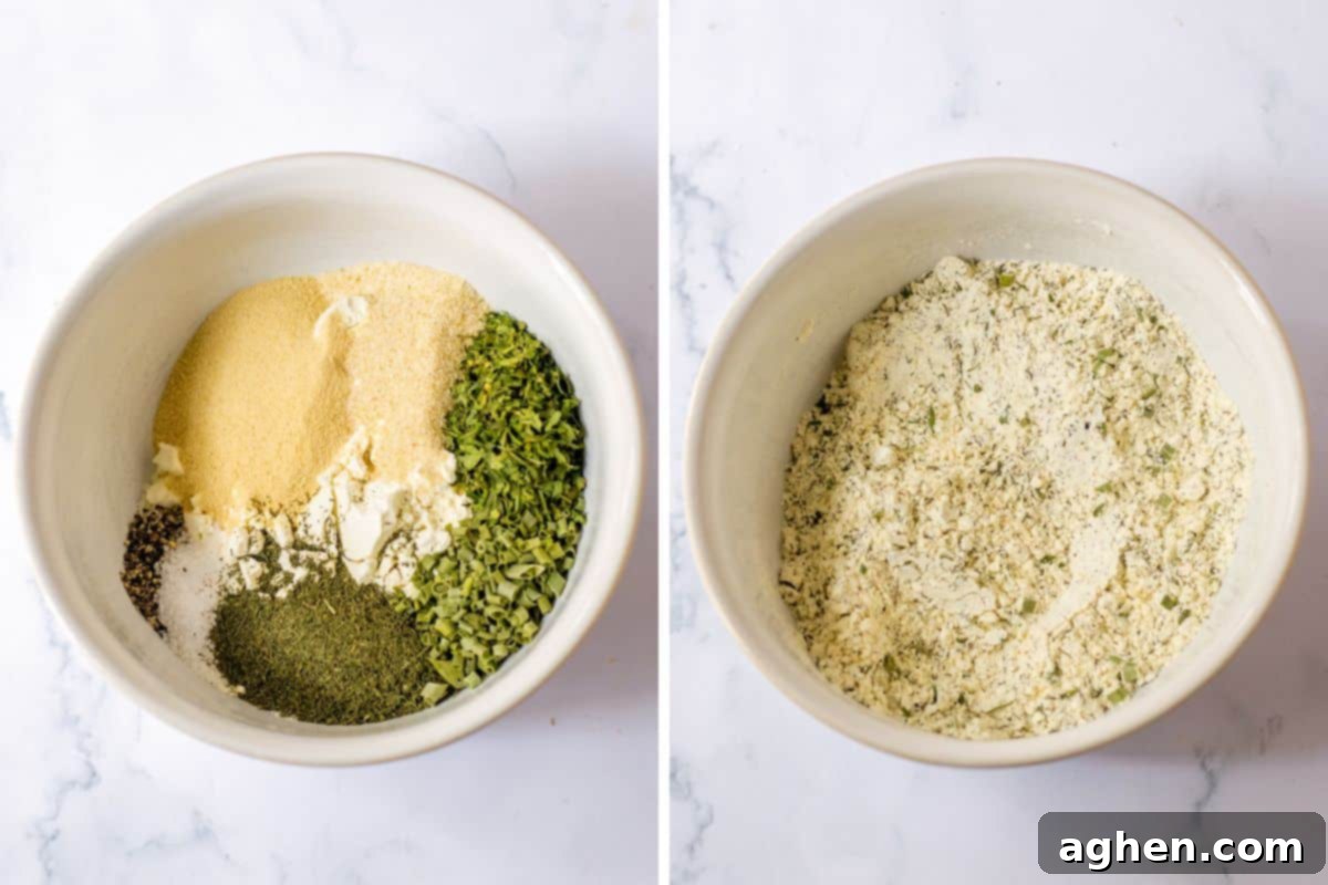 Homemade Ranch Seasoning Mix 4 Two image collage of a small bowl with dry ranch mix ingredients in it before and after being mixed and combined.